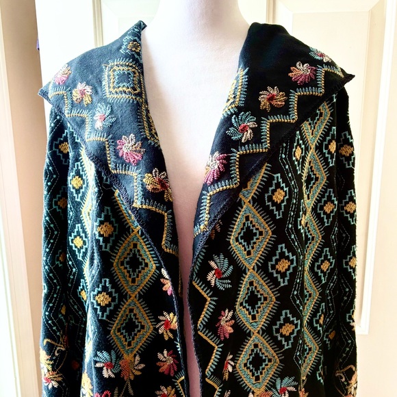 Paparazzi Boho Embroidered Floral Coat Cardigan Hooded Open Front Black Size L - Picture 3 of 12